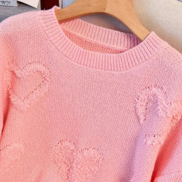 Pink Casual Women's Plus Size Solid Heart Pattern Knitted Sweater - Picture 8 of 8